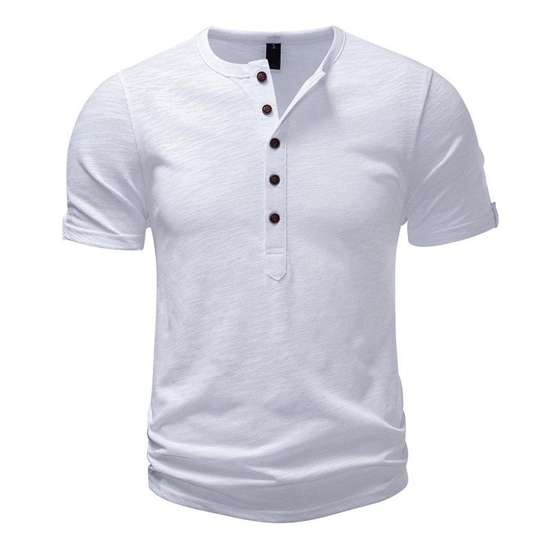 Men's Summer Hip Hop Streetwear Solid Color T-Shirts Bamboo-Handled Henry Collar Casual Button Short Sleeve Top Tees