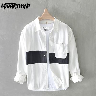Japanese Style Workwear Men Tops Spring/Autumn Casual Long Sleeve Pure Cotton Loose Shirt Stitching Youth Popular Shirts with Pocket