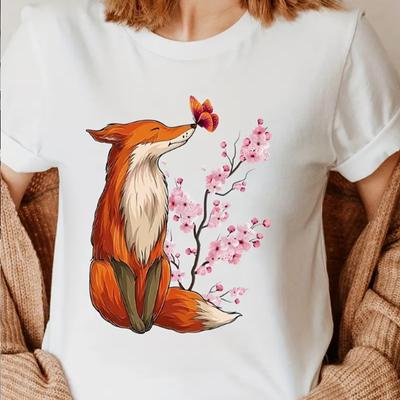 Mode Damen Fuchs Schmetterling Blumenmuster T-Shirt Lustig Lässig O-Ausschnitt Kurzarm T-Shirt Sommer Damen T-Shirt