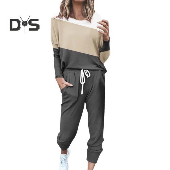 2 Pcs/Set Women Top Pants Suit Round Neck Long Sleeves Colorblock Sport Sweatshirt Drawstring Elastic Waist Trousers Fitness Outfit Fall Spring