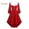 Christmas Performance Dress Fluffy Square Neck Pure Color A Line Irregular Hem Button Decor Festive Stage Show Santa Cosplay Costume New Year Party