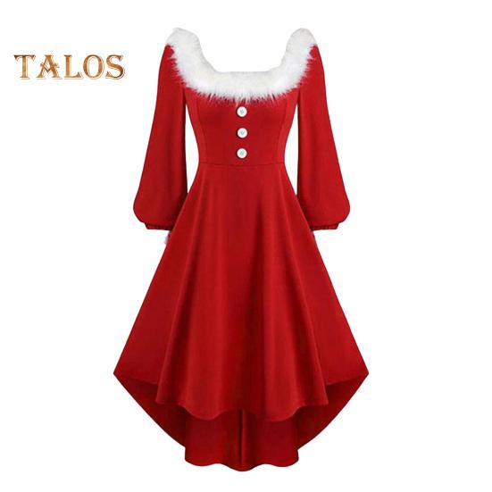 Christmas Performance Dress Fluffy Square Neck Pure Color A Line Irregular Hem Button Decor Festive Stage Show Santa Cosplay Costume New Year Party