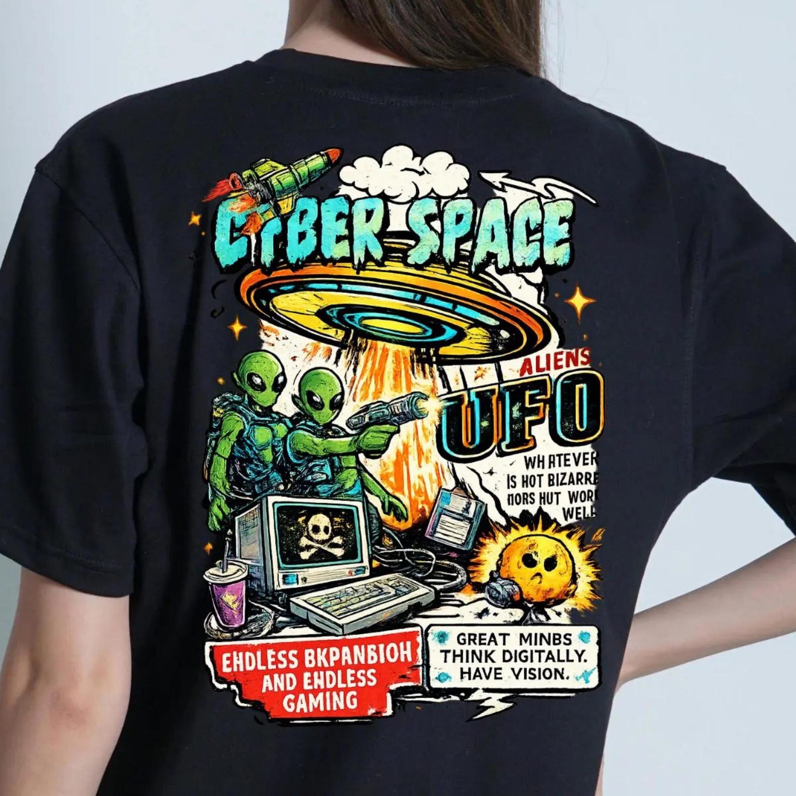 Cyber Space UFO T-Shirt | Alien Arcade Illustration 4XL