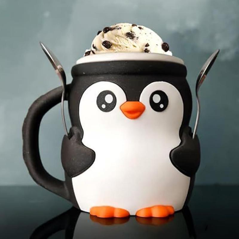 Sevimli Penguen Dondurma Pint Tutucu, 3D Baskı Dondurma Pint Kapları Antifriz Saplı Kaşıklar Bira Kutusu Bardak Kılıfı