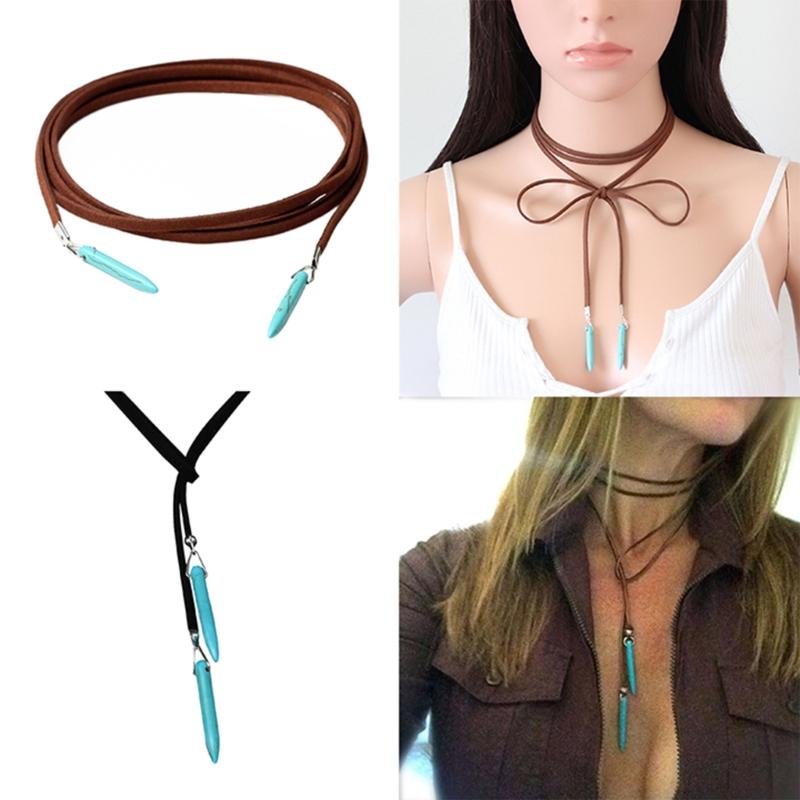 Bohemian Style Leather Sweater Chain Necklace for Women Turquoise Stone Pendant Long Necklace Boho Jewelry Gift