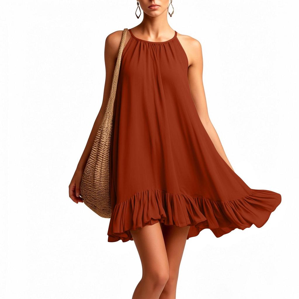 Spring Summer Sleeveless Pleated Halter Vacation Dress for Women
