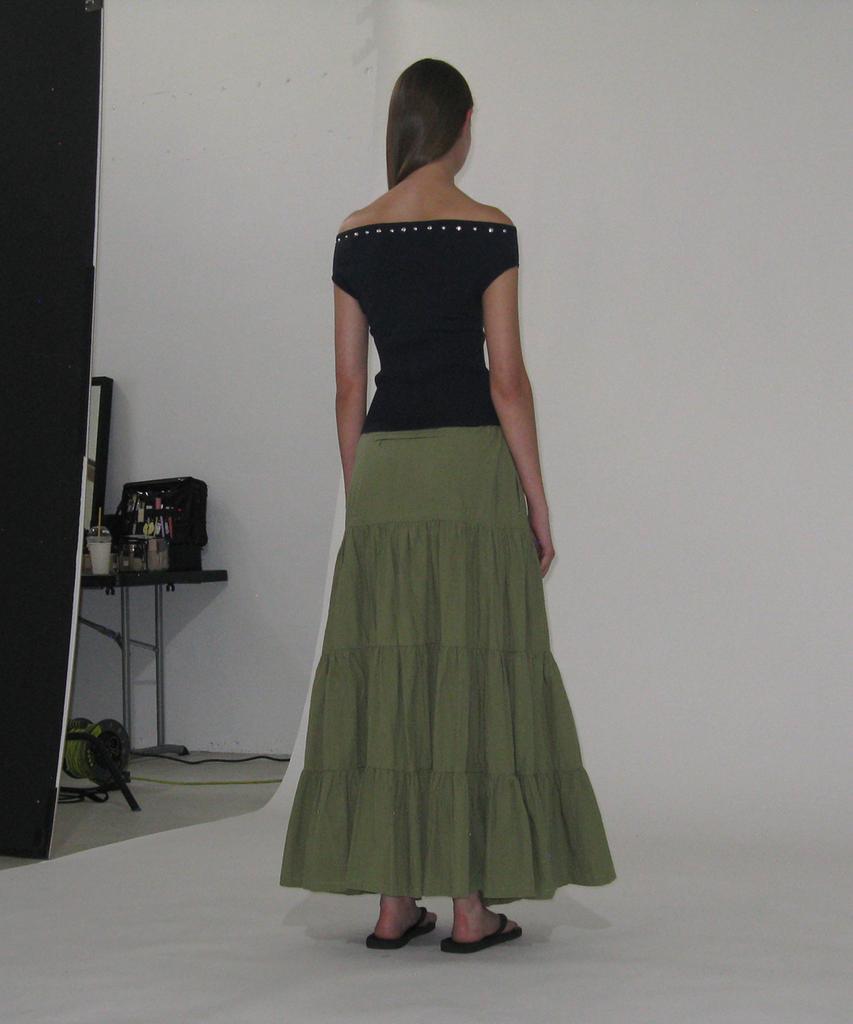 Partimento Woman Bow Strap Shirred Tiered Maxi Skirt_Khaki Green