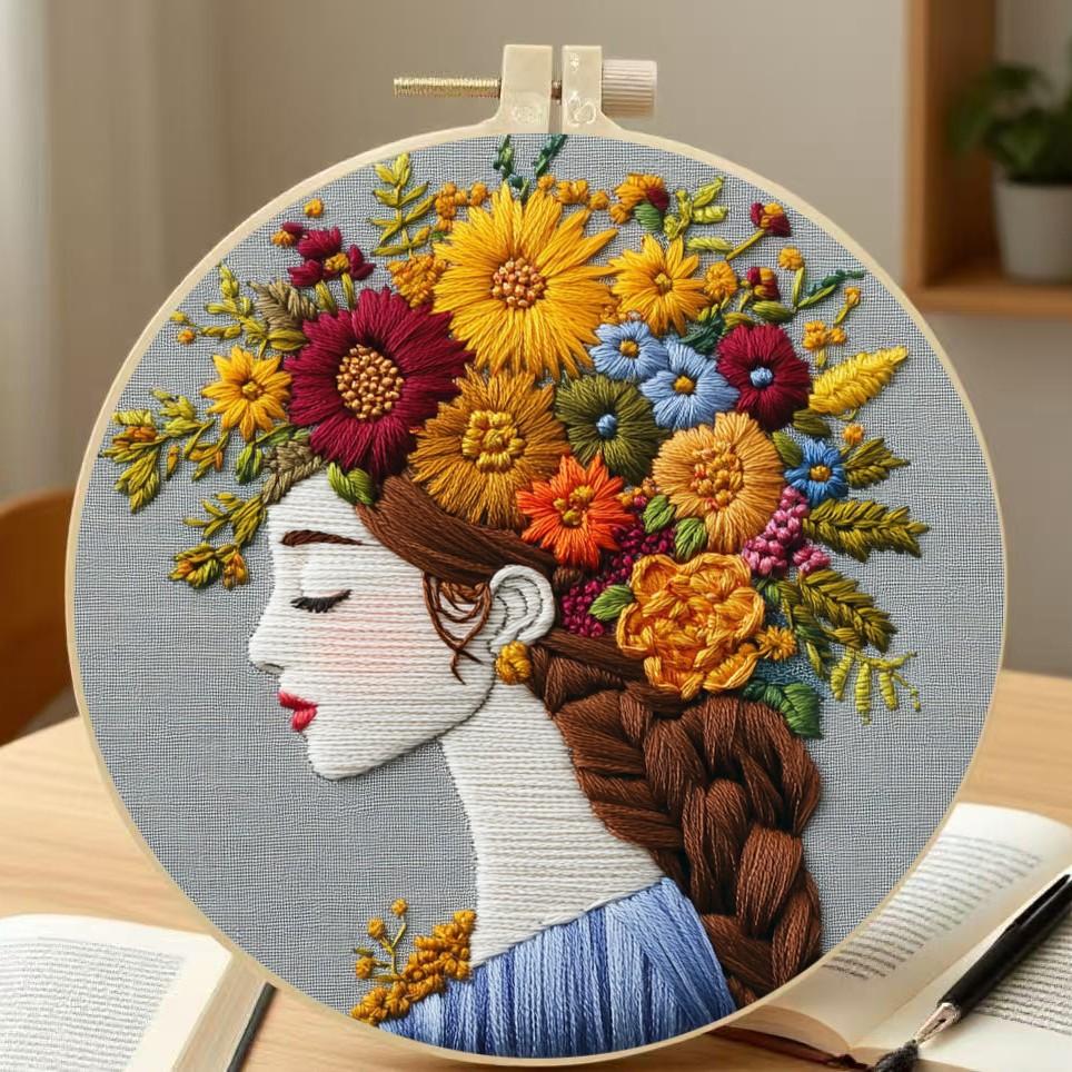 

1 набор Набор для вышивания «Девочка с цветами» сделай сам: Набор материалов для вышивки, включающий инструменты и инструкции, подходящий для начинающих. 20cm