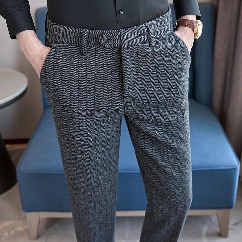 Autumn Winter High Quality Men's Wool Suit Pants Solid Striped Smart Casual Slim Fit Suit Trousers Men Cotton Woolen Dress Pants