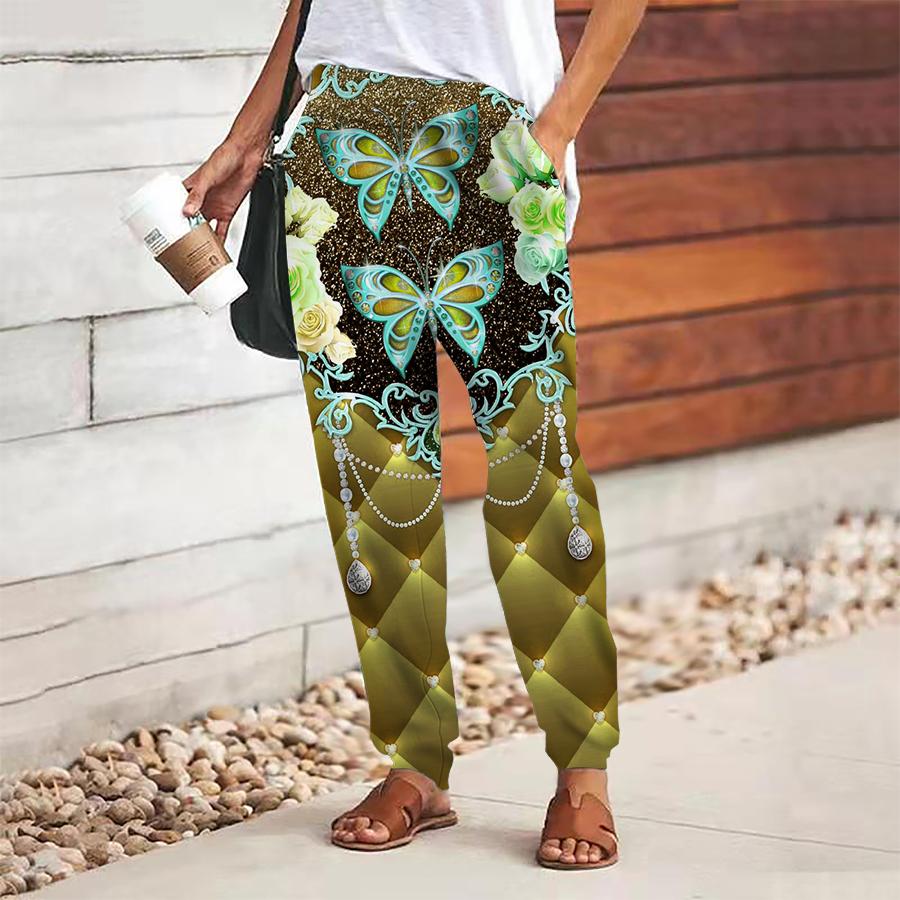 Damen Schmetterlingsdruck Hose Schnürung Elastischer Bund Weite Hose Lässige Lange Hose Hose mit Taschen
