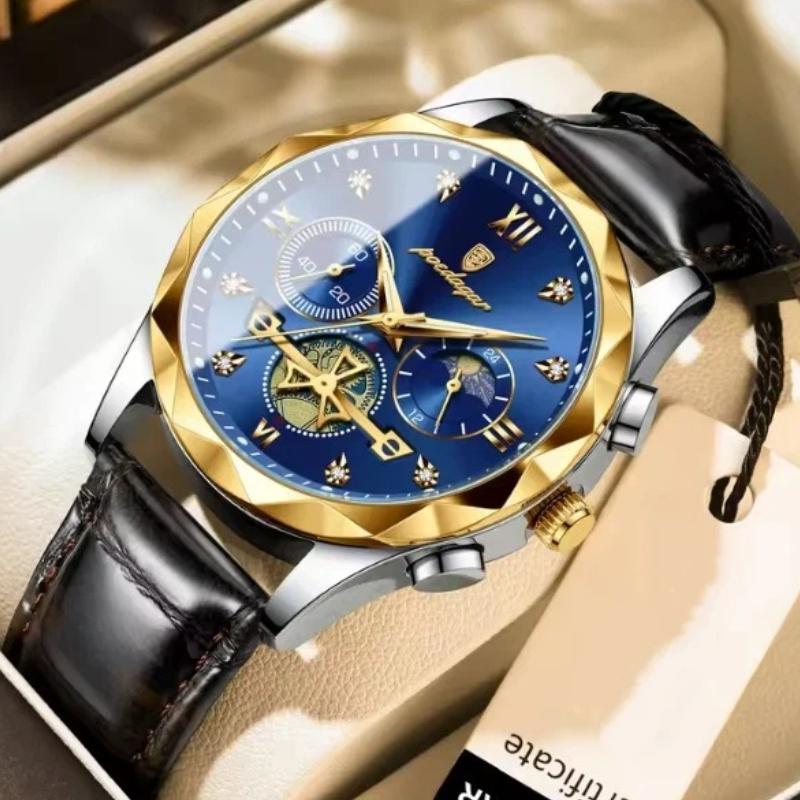 POEDAGAR Luxus-Armbanduhr für Herren Sport Leder Quarz-Uhr Wasserdicht Leuchtend Chronograph Uhren Männliche Uhr Reloj+Box