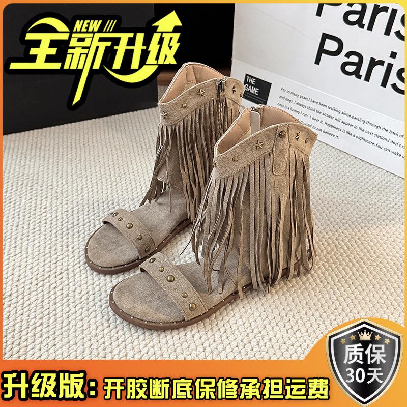 Fashion retro rivet fringed open-toed sandals women's summer new niche design versatile Roman cool boots tide