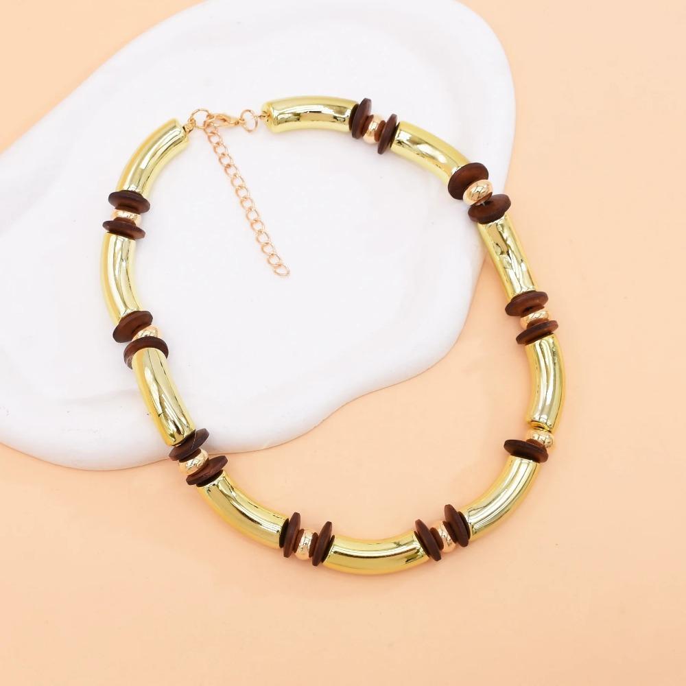 Exaggerated Necklace Bracelet Set Gold Plated Neck Chain Brown Wood Bracelet Female Jewelry Set