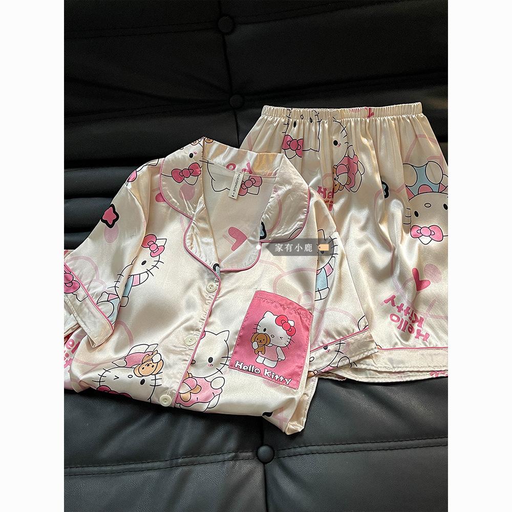 

Soft cute princess style cartoon Kitty cat pajamas women s summer short-sleeved shorts cardigan set women ins loungewear S