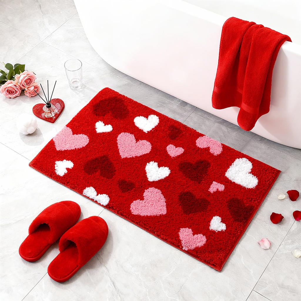 Valentines Bathroom Rug Red Pink White Love Heart XOXO Absorbent Non Slip Anniversary Wedding Floor Mat Home Decoration