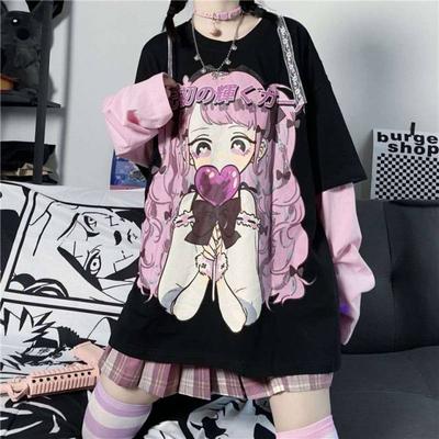 Women Harajuku Style Long Sleeve T-Shirt for Loose and Cute Japanese Cartoon Ins Harajuku Print Fake Two Piece Aesthetic Fall