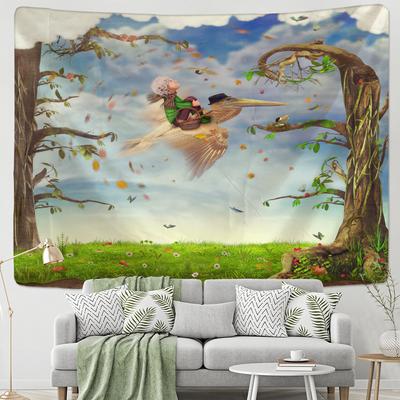 Boy And Toucan Illustration Tapestry Wall Hanging Cartoon Kawaii Children's Room Home Decor Background Cloth