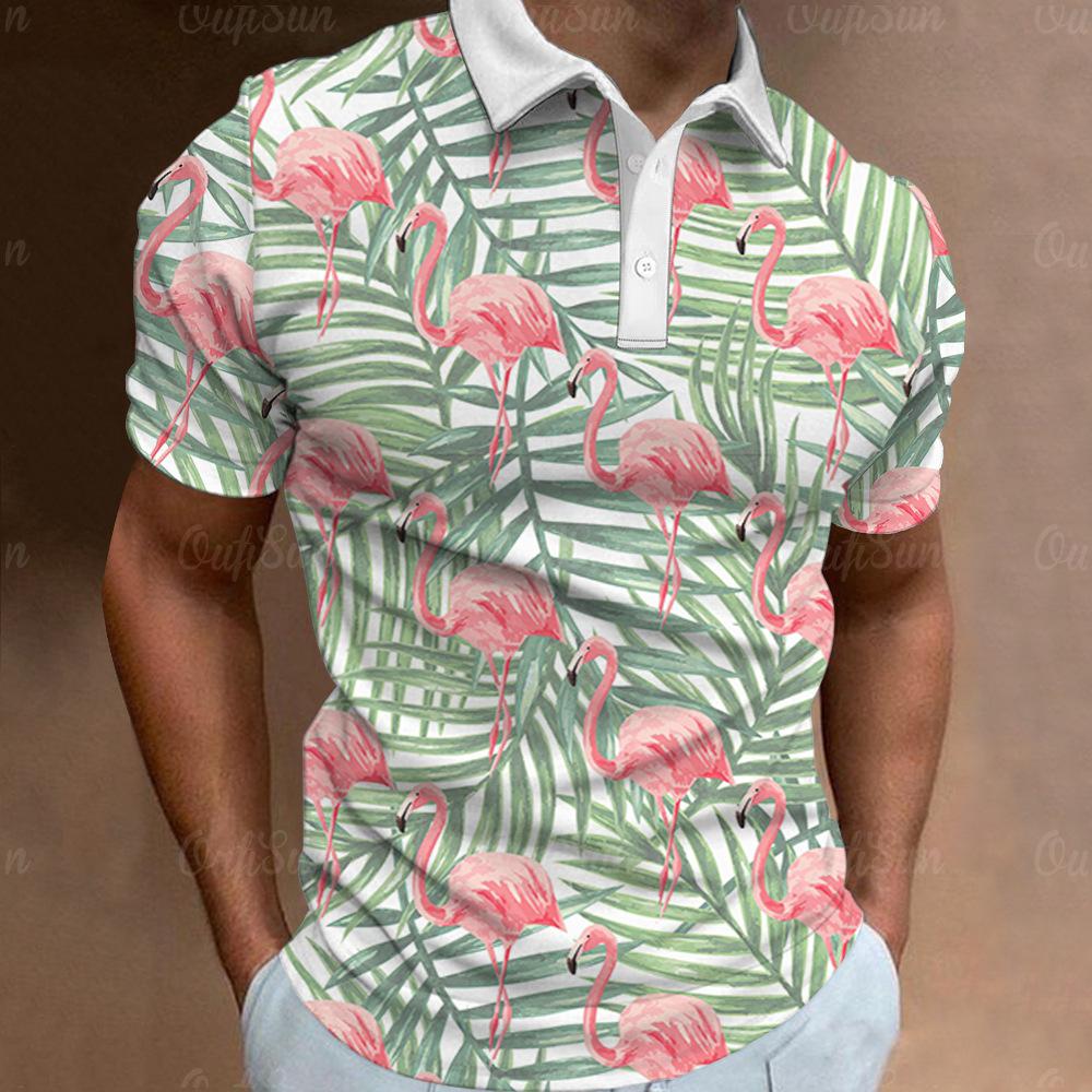 Tropical Flamingo Print Short Sleeve Polo, Casual Summer Top
