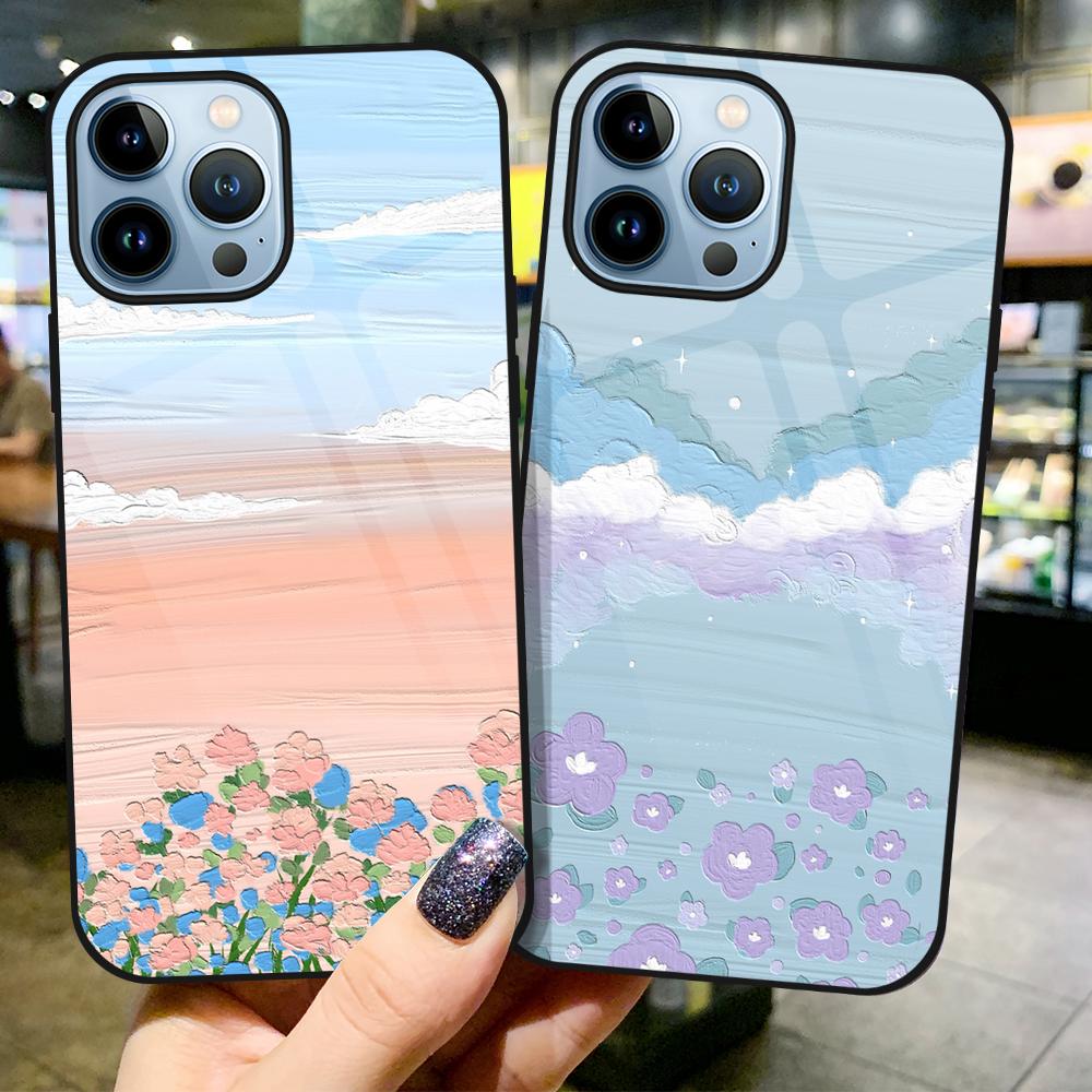 Painted Floral Landscape Case For Iphone 14 13 11 12 Pro Max Mini Xs Xr X 7 8 6s Plus Se 2022 Luxury Tempered Glass Cover Coque