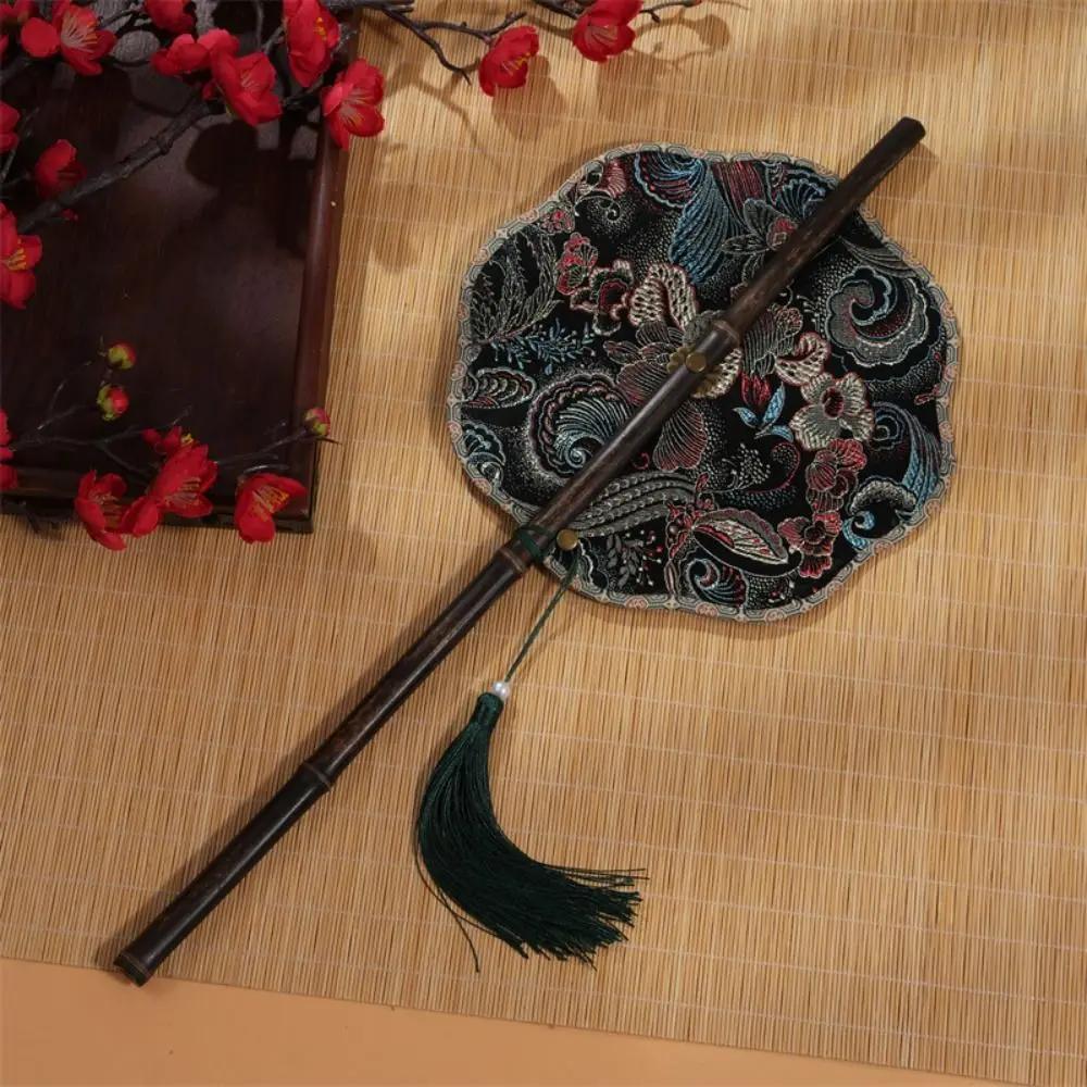 Retro Ancient Style Chinese Bamboo Waist Fan Rollable Foldable Long Handle Fan Decorative Cooling Group Fan Hanfu