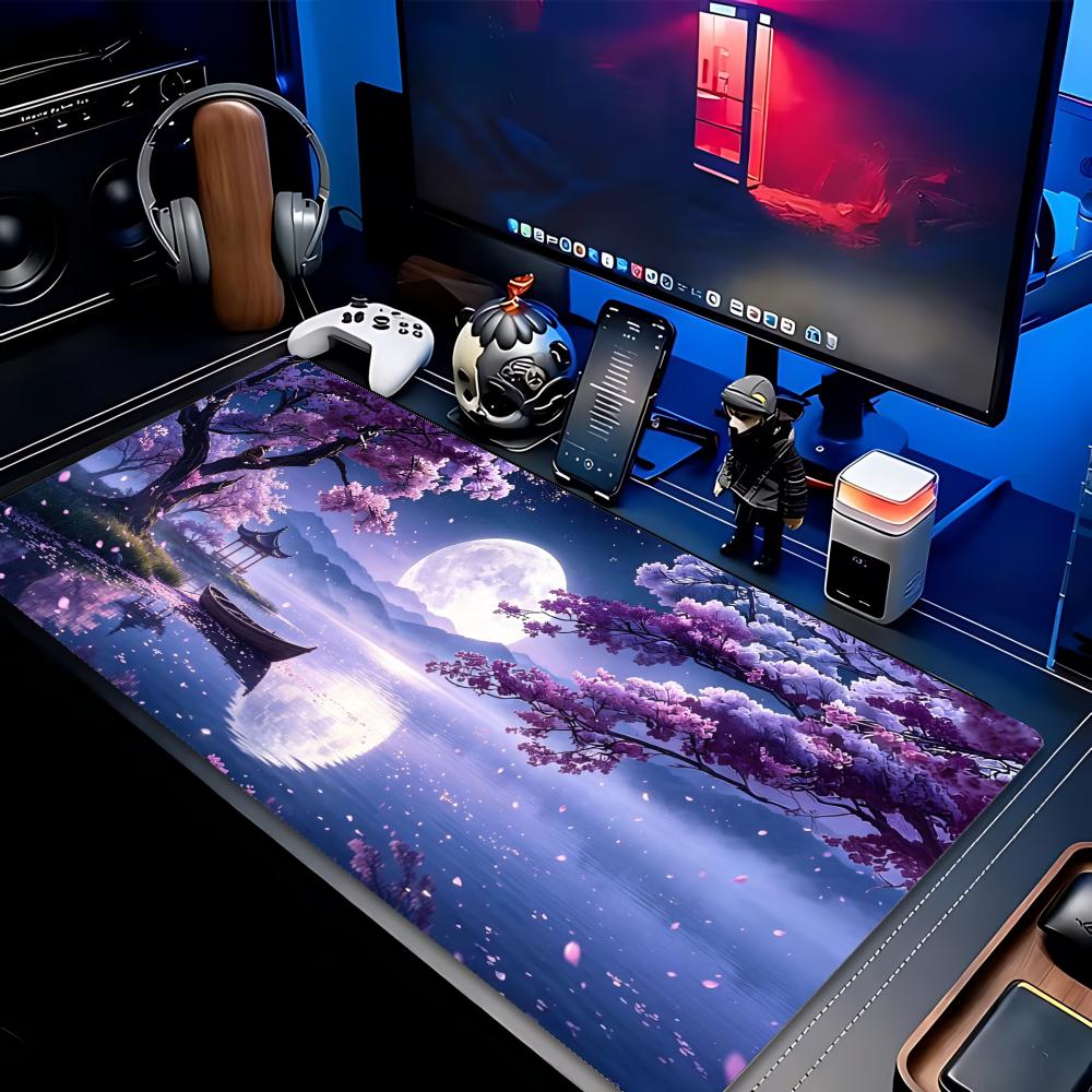 Tapis de Souris XXL Sakura Violet Pleine Lune Pagode Orientale Portail Torii Lac de Montagne Tapis de Jeu Antidérapant Pour Décoration de Bureau