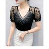Summer V Neck Short Sleeved Women's T Shirt Fashion Sexy Diamond Mesh Tees Lace