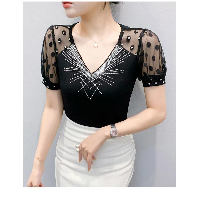 Summer V Neck Short Sleeved Women's T Shirt Fashion Sexy Diamond Mesh Tees Lace
