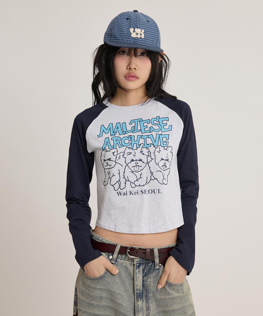 WAIKEI Maltese Archive Line Graphic Raglan Long Sleeve T-Shirt Melange White