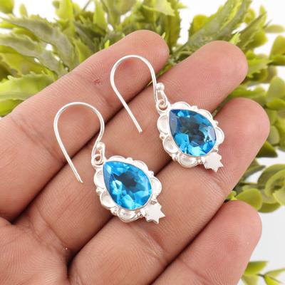 Schweizer Blautopas Edelstein 925 Sterlingsilber Schmuck Damen Hängeohrringe 1,6" EE-163-2