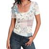 Women's Slim Fit Square Neck Short Sleeve Top Vintage Floral Print Patchwork Design Casual Blouse