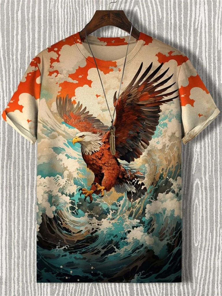 Japanisches Ukiyo-e Grafik T-Shirt Herren Tier Wellen Sonne 3D-gedruckte T-Shirts Lässig Kurzarm Tees Outdoor Übergroße O-Ausschnitt Oberteile