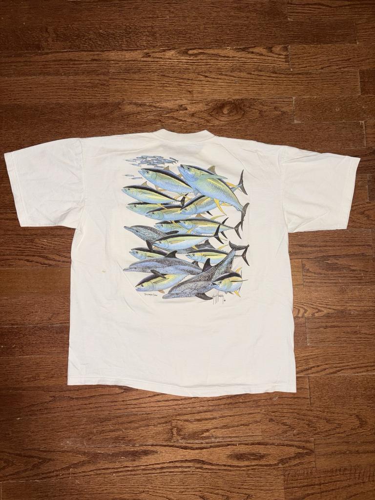 Vintage 90s Guy Harvey Yellowfin Tuna Pocket T Shirt Mens XL White Nature Art Unisex T-Shirt