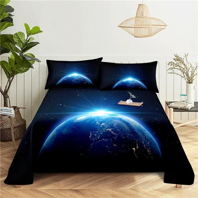 Galaxy Cosmic Planets Bed Sheet Set Soft Polyester Bed Flat Sheet With Pillowcase Romantic Universe Print Bed Sheet Home Textile