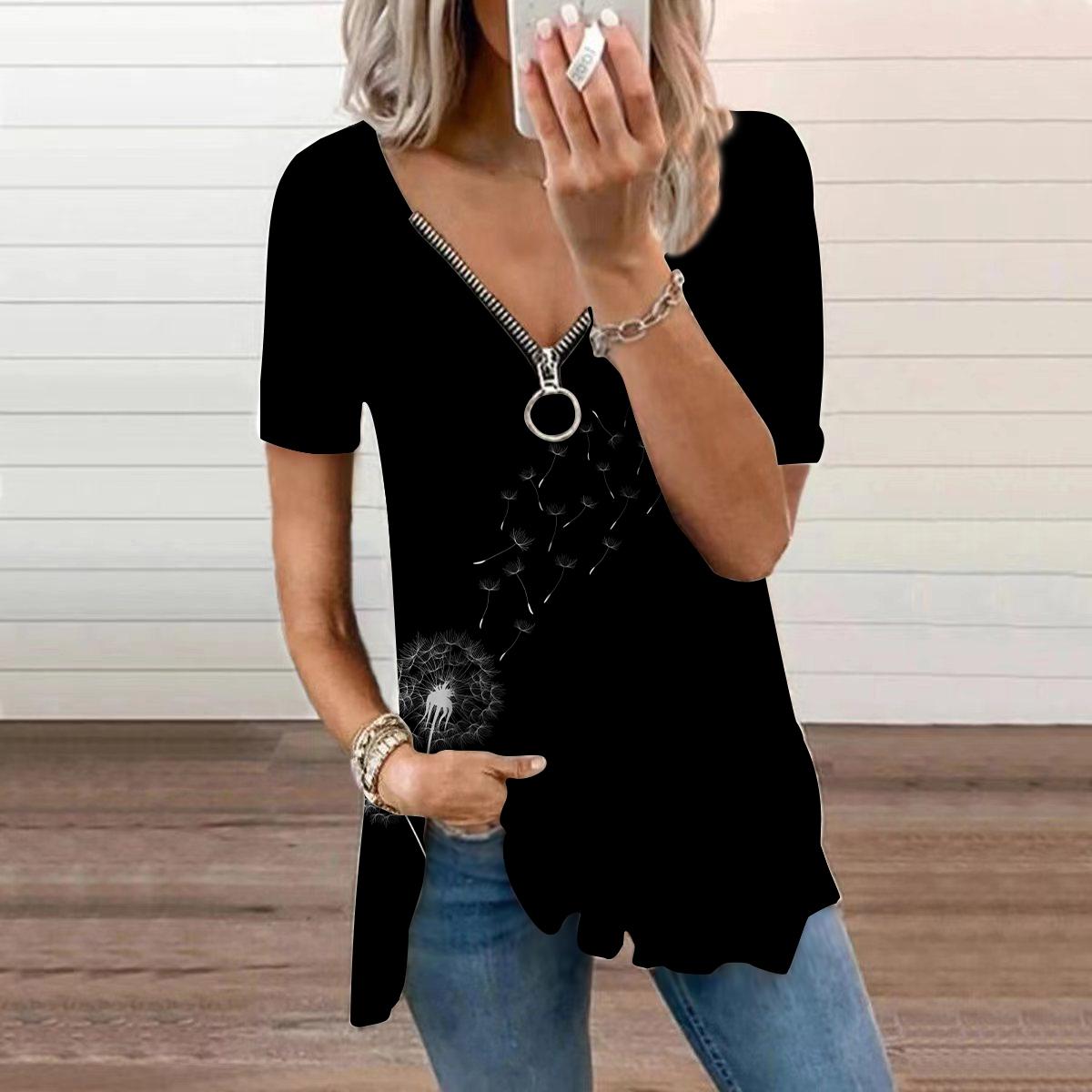 

Женский топ, летний новый модный повседневный топ с белыми птицами и застежкой-молнией с v-образным вырезом и короткими рукавами 8XL чёрный