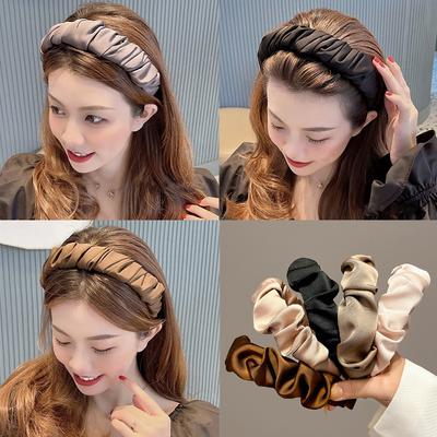 Bandeaux de tête nouvelle mode pour femmes, couvre-chef large lunette satinée, cerceau pour cheveux plissé, bandeaux pour cheveux couleur unie soyeux, accessoires pour cheveux