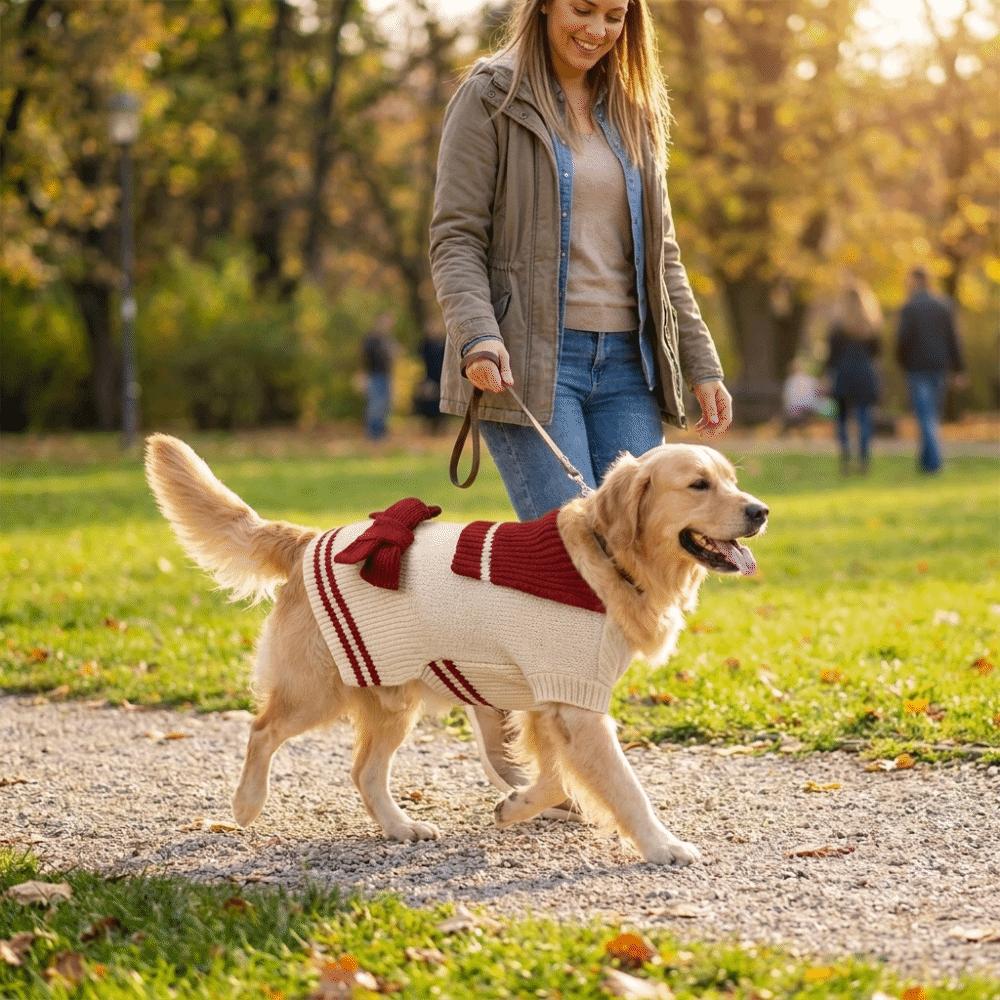 Cute Warm Dog Sweater Dress Cozy Bow Design Striped Dog Sweatshirt Knit Sweater Bow Yarn Skirt Autumn Winter