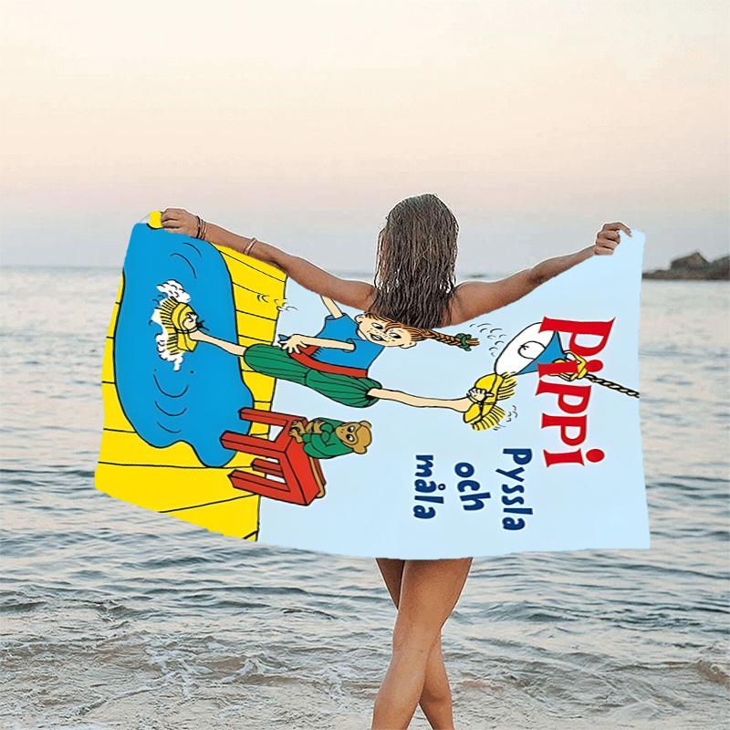 1pc Pippi Longstocking2 Beach Towel, Beach and Seaside Swimming Pool Equipment, Fashion Pattern, Rectangular, Travel Essentials