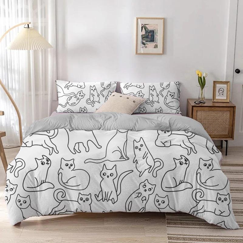 Cartoon Cat Duvet Cover Set Cartoon Animal Print Bedding Set With Pillowcase 2/3Pcs Comforter Cover For Bedroom Decor