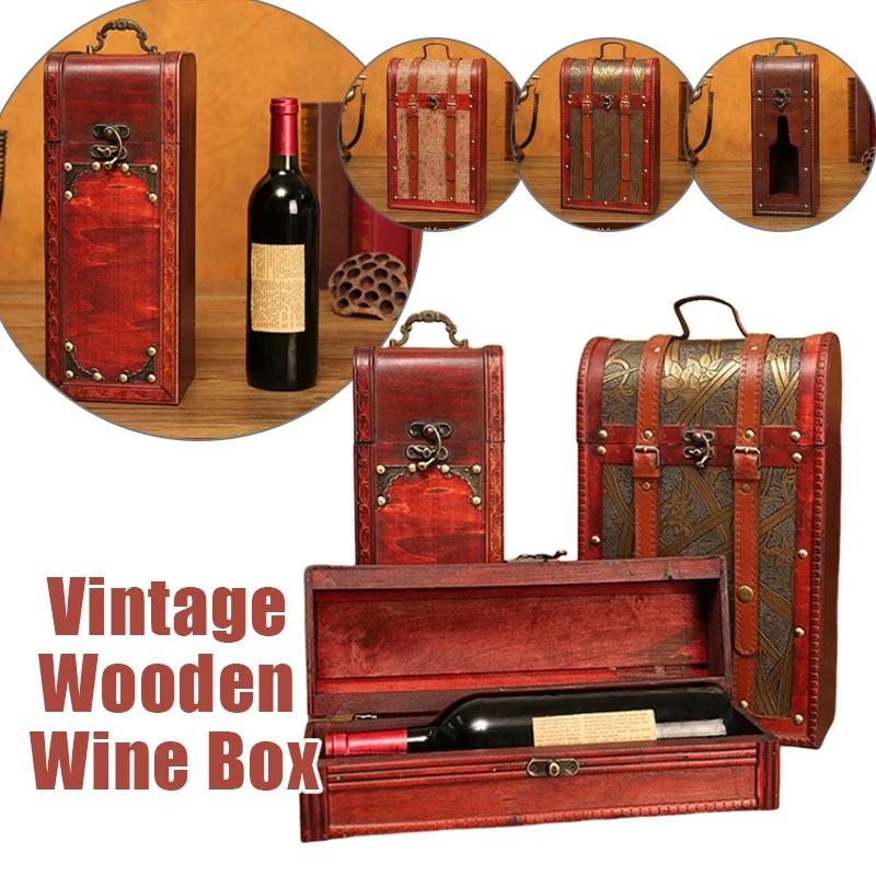 Vintage Red Wine Box Wooden Wine Box Retro Treasure Gift Xmas Wine Storage Box Case Bottles Package with Handle Gift storage box