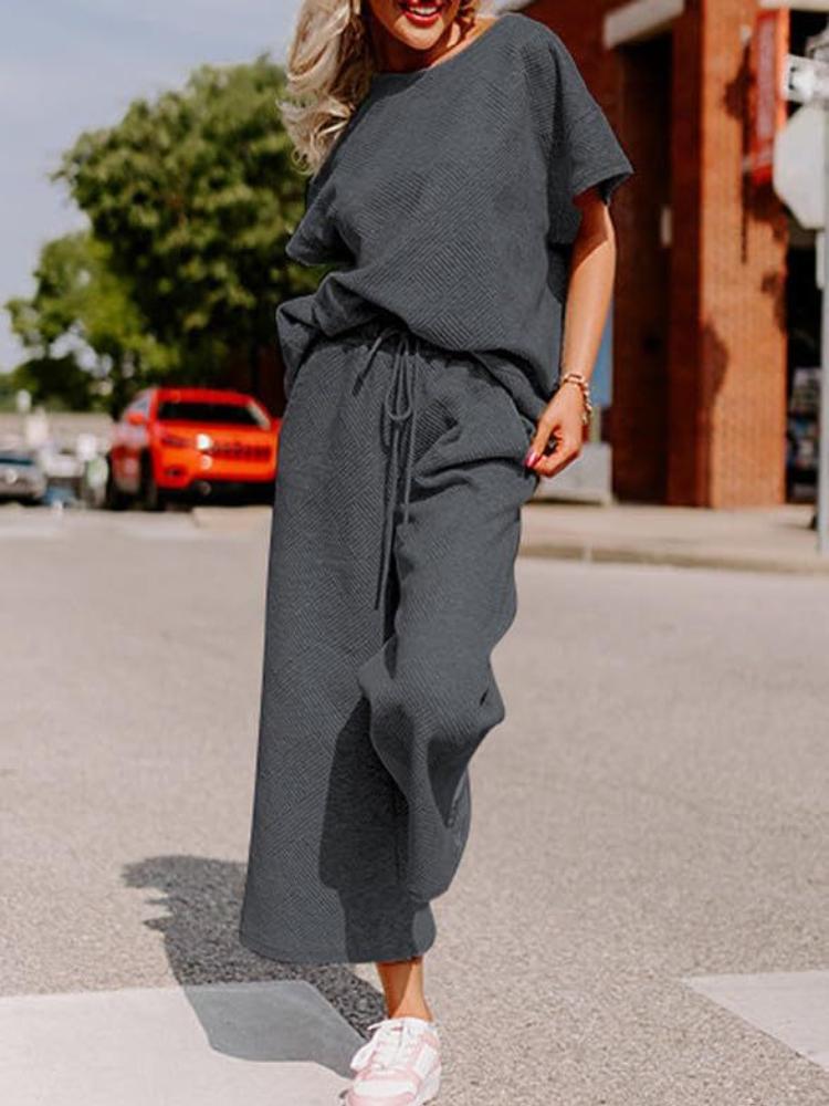 

Women s Casual Loose Fit Short Sleeve Top and Wide Leg Pants Set in Light Gray 2XL темно-сірий