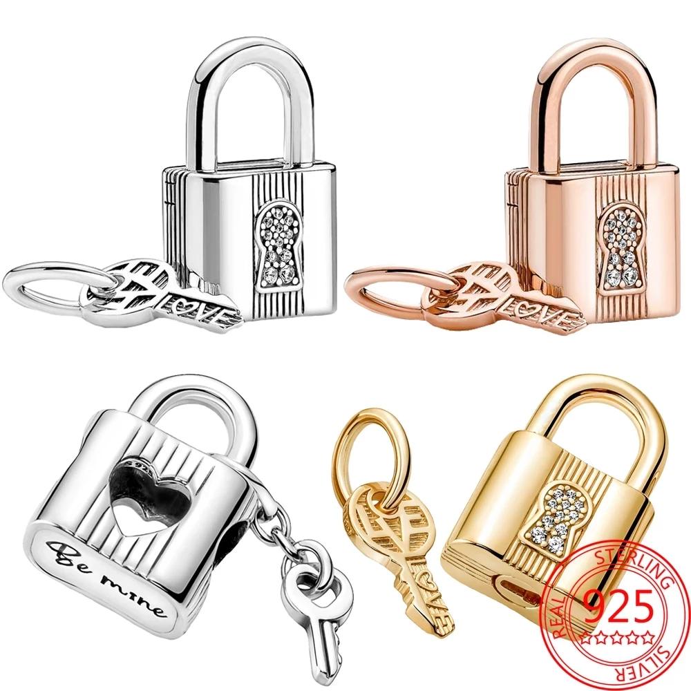New 925 Sterling Silver Gold Padlock & Key Dangle Charm Fit  Original  Silver Bracelet Beads for Women Fine Jewelry Gift