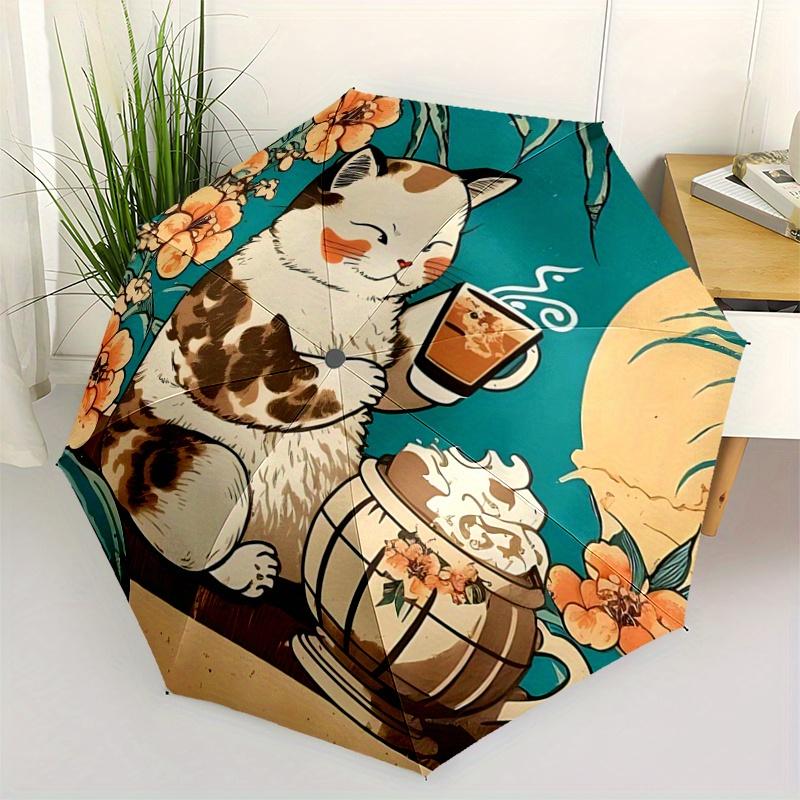 1pc Cat Drinking Tea Automatic 3-Fold Umbrella Design, Cute Cartoon Pattern, Portable Outdoor Umbrella, Perfect, Holiday Gift for Disney fan
