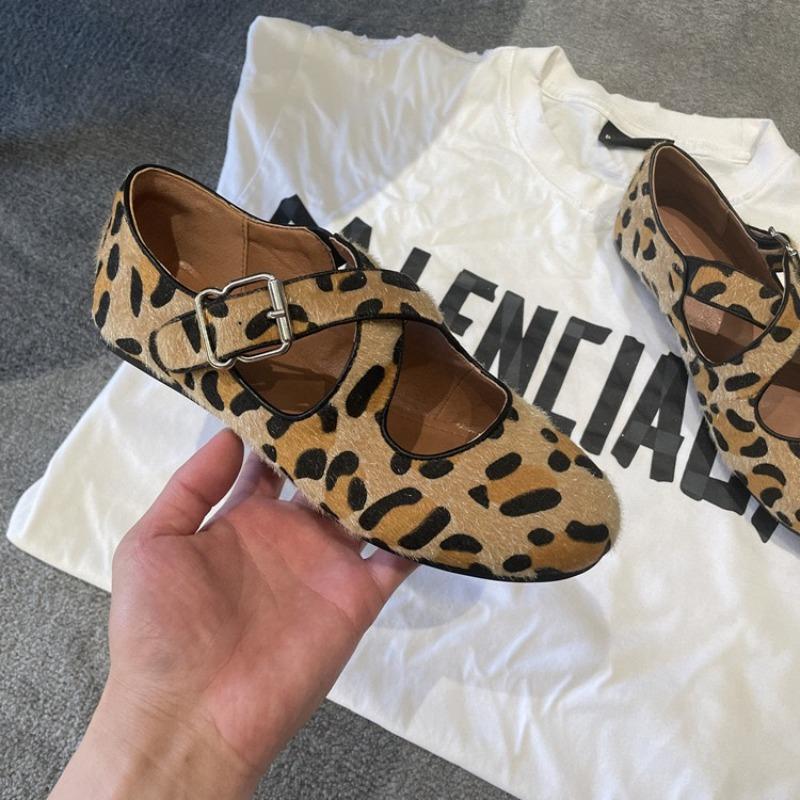 Sheepskin version leopard print shoes round head cross belt retro flat Mary Jane shoes women's shallow mouth versatile single shoes