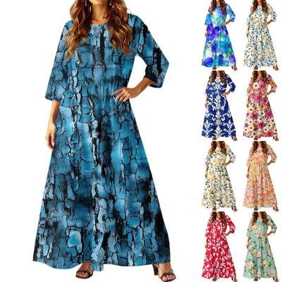 Vestido Largo Casual de Moda para Mujer con Estampado Floral y Manga Tres Cuartos con Bolsillos