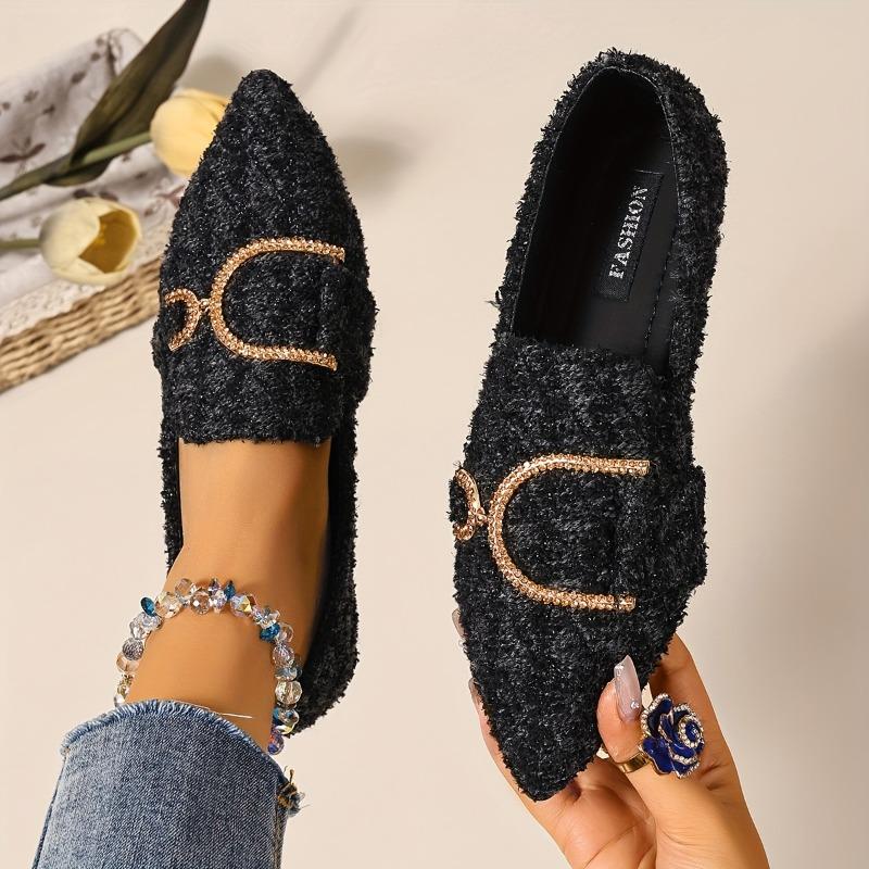 Rhinestone Embellished Women's Slip-On Pointed Toe Flats | Non-Slip TPR Sole, Cushioned Insole - All-Season Everyday & Formal Shoes - Easy to Clean