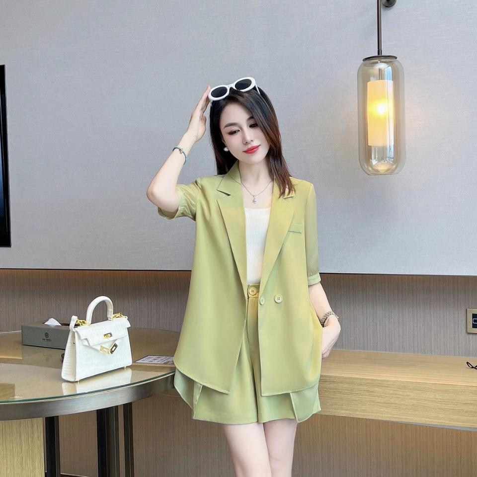 Chiffon Patchwork Plus Size Summer Suit: Wide-Leg Shorts & Blazer Set for Women, 2026