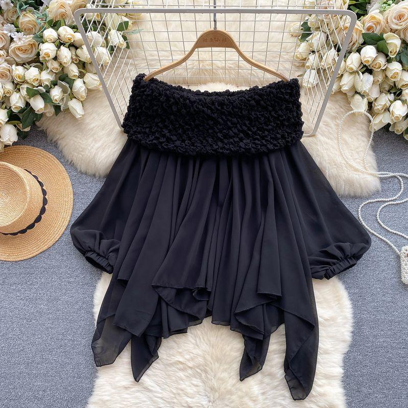 

Fairy Top Super Fairy Sweet Heavy Industry Ruched off-Shoulder off-Shoulder Pure French Style Puff Sleeves Asymmetrical Chiffon Shirt Black All yards