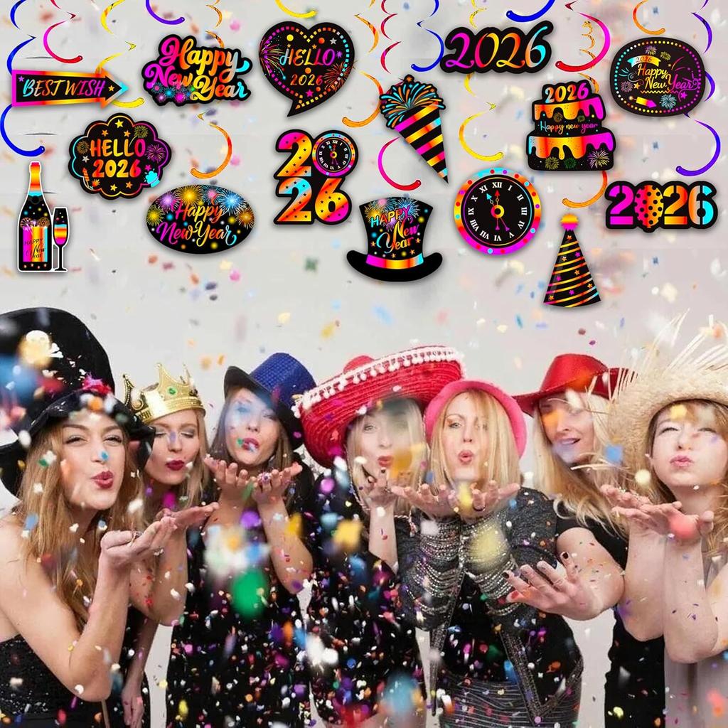 2026 Happy New Year Hanging Swirls New Years Party Decorations New Years Eve Ceiling Swirls Happy New Year Hanging Streames for Colorful New Year