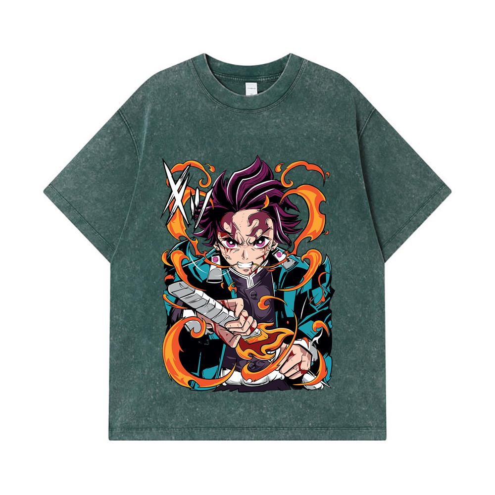 275 GSM Washed T-shirts 100% Cotton Demon Slayer V64 Tanjiro Fire Breathing Print Unisex Heavy Cotton T Shirt