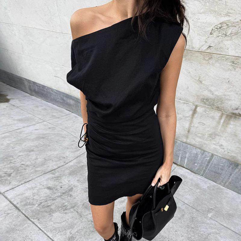 

Black Cotton Irregular Collar Strapless Slim fit Sheath Dress European and American Spring and Summer Fashion New Short dress Black S